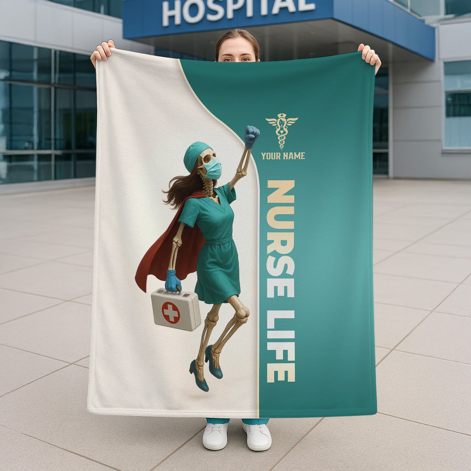 Personalized Superhero Nurse Blanket - Skeleton in Cape Holding Medical Bag - Nurse Life Gift for Healthcare Heroes
