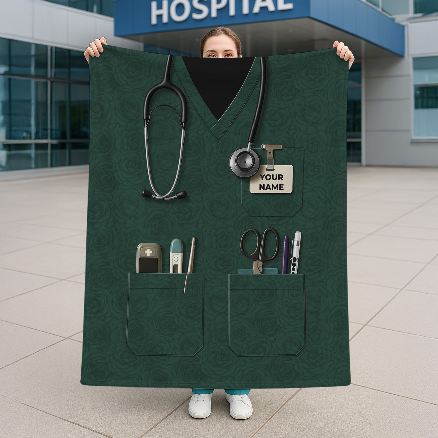 Green Scrub Nurse Throw Blanket - Medical Uniform Design with Pockets and Name - Gift for Female Nurses, CNA, LPN, RN