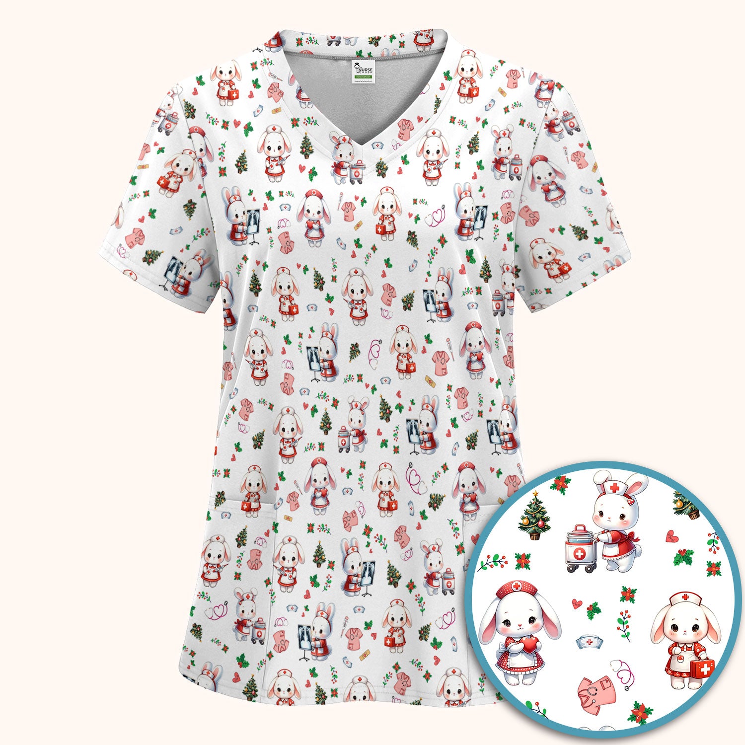 Comfortable Scrubs Sets for Nurses - Funny Bunny Scrub Pants and V Neck Top - Rabbit Christmas Med Uniform for Women