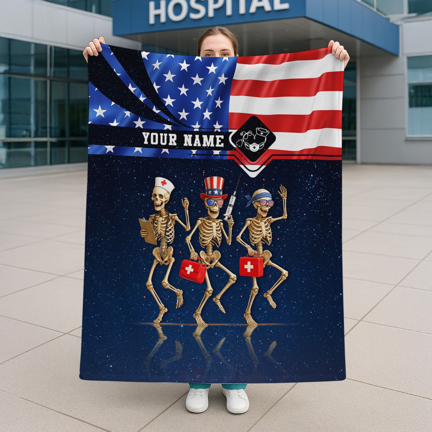 Nurse Life Skeleton Blanket - American Flag 4th of July Throw - Custom Gift for RN CNA LPN