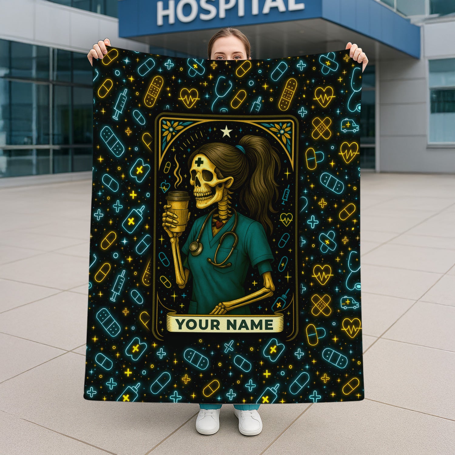 Funny Skeleton Nurse Blanket - Personalized RN CNA LPN Gift with Coffee Design - Custom Halloween Throw for Healthcare Workers
