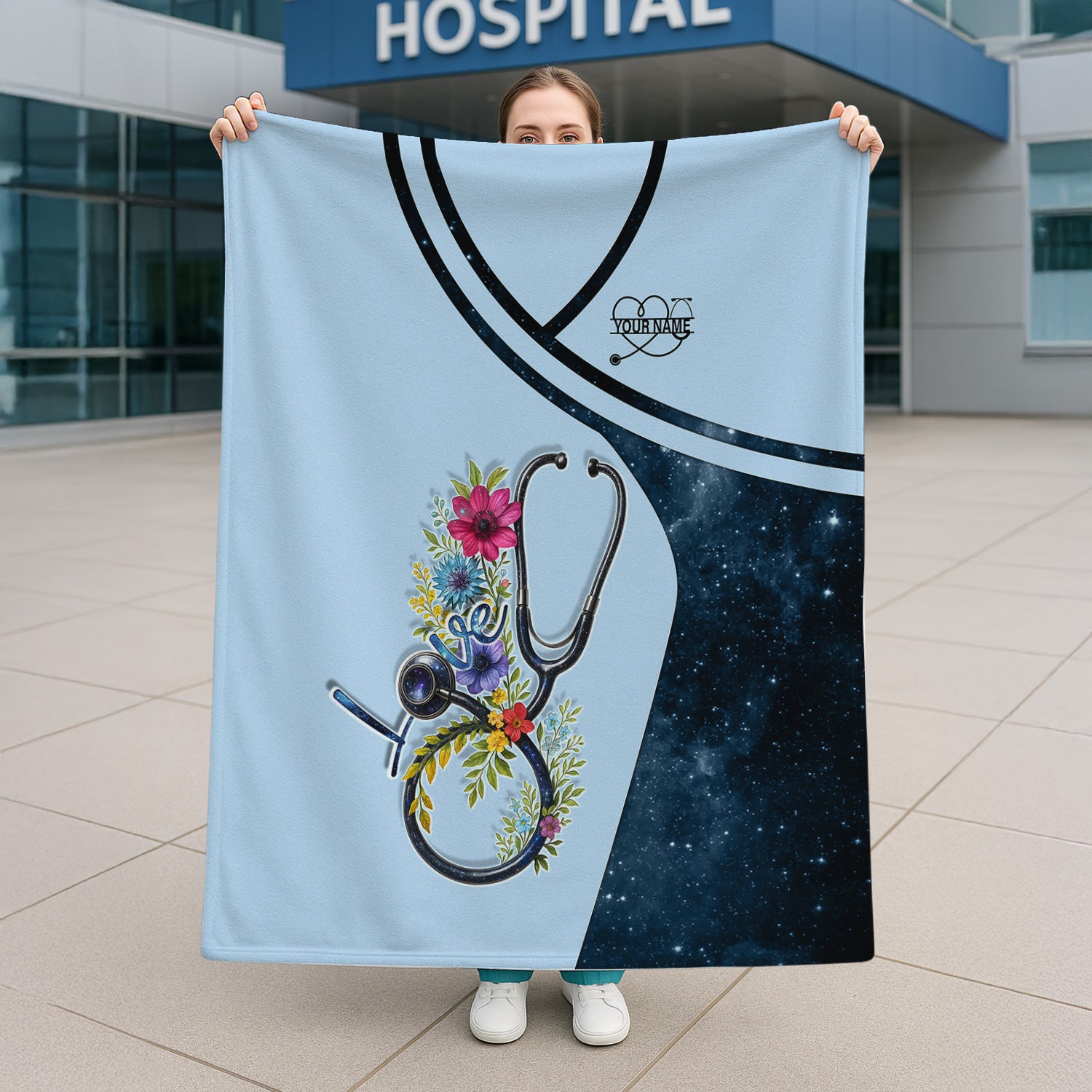 Personalized Nurse Blanket - Floral Stethoscope Love Design - Custom Name Gift for RN LPN CNA Medical Staff