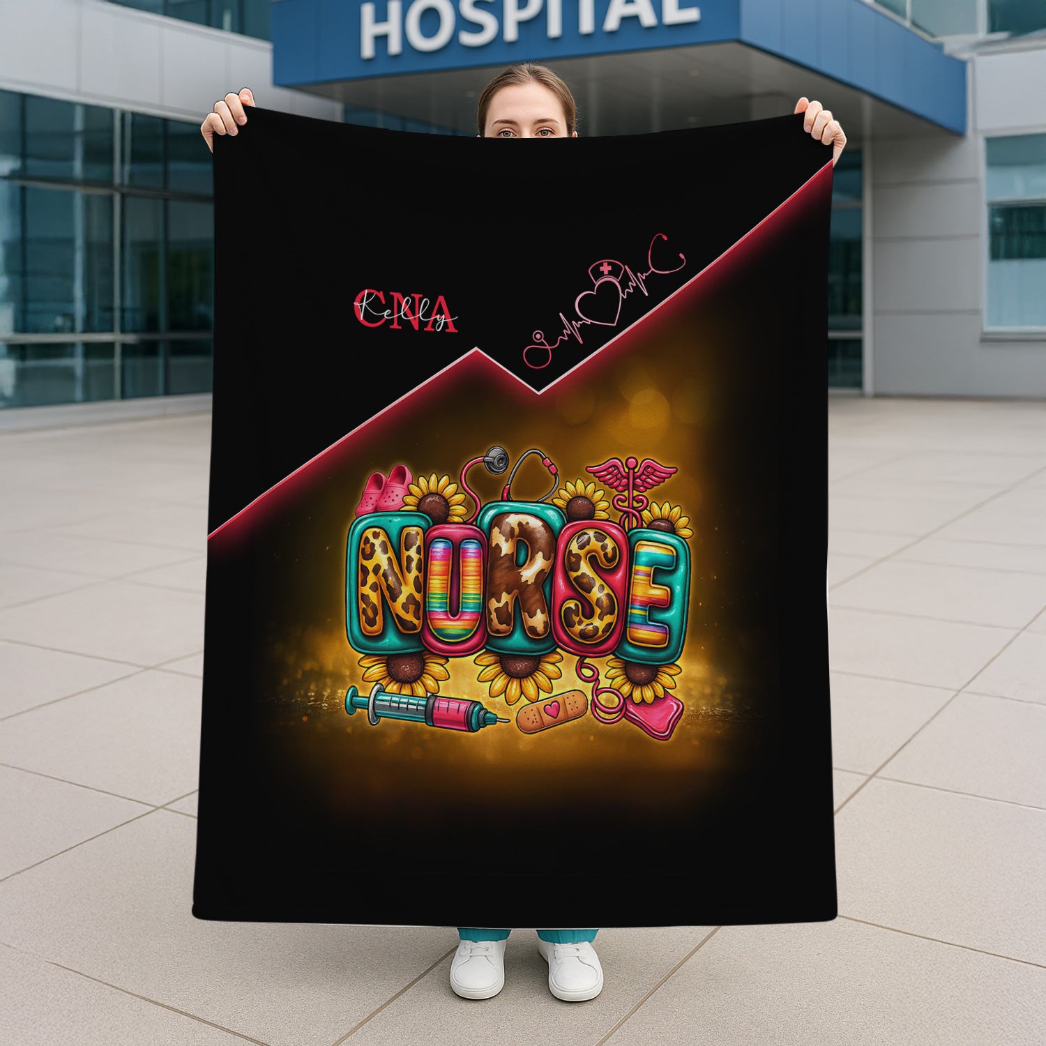 Custom Nurse Throw Blanket - Flower Medical & Syringe Graphic Design - Fun Gift for RN, LPN, Medical Staff