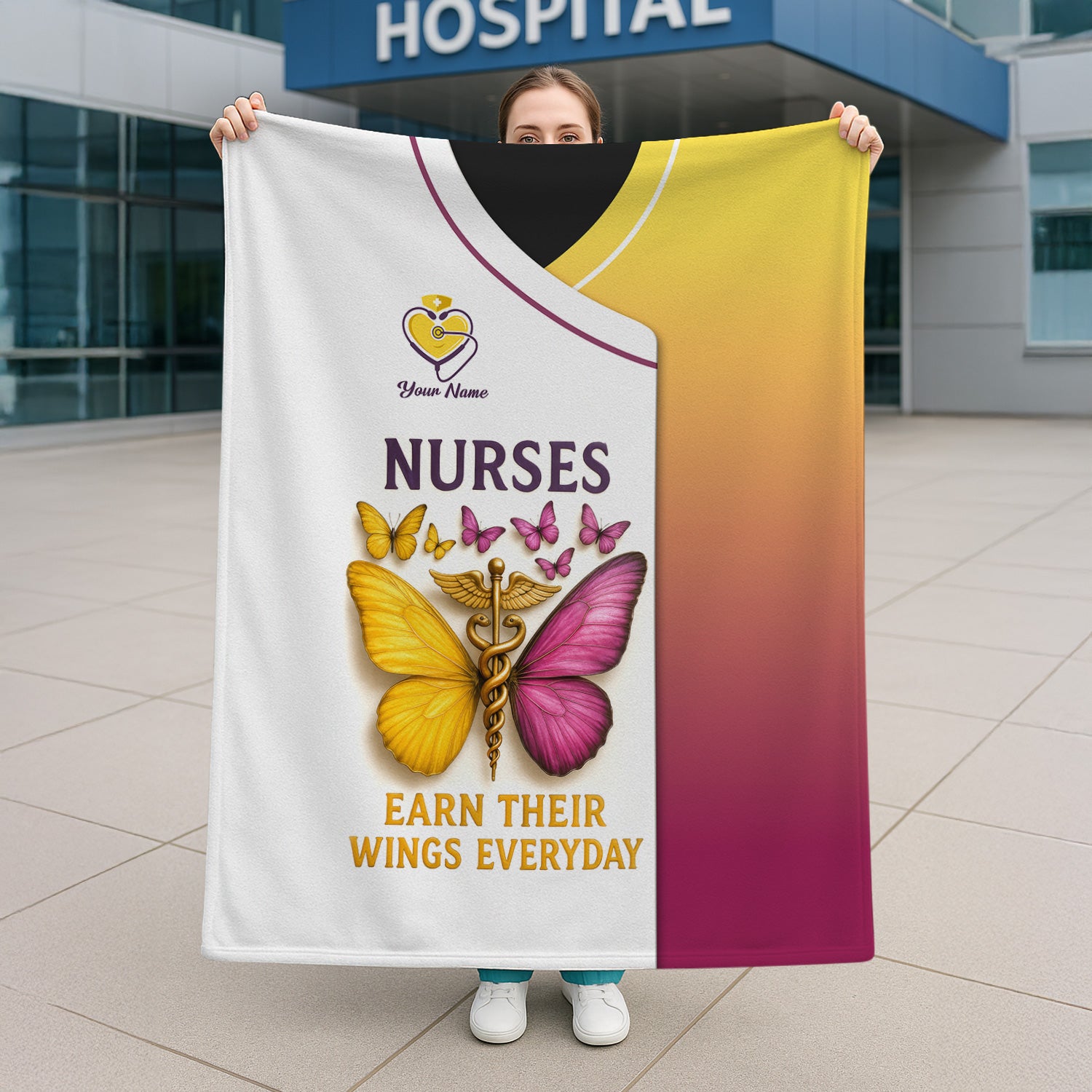 Personalized Nurse Butterfly Blanket - Nurses Earn Their Wings Everyday - Custom Fleece or Sherpa Gift for RN LPN CNA Women