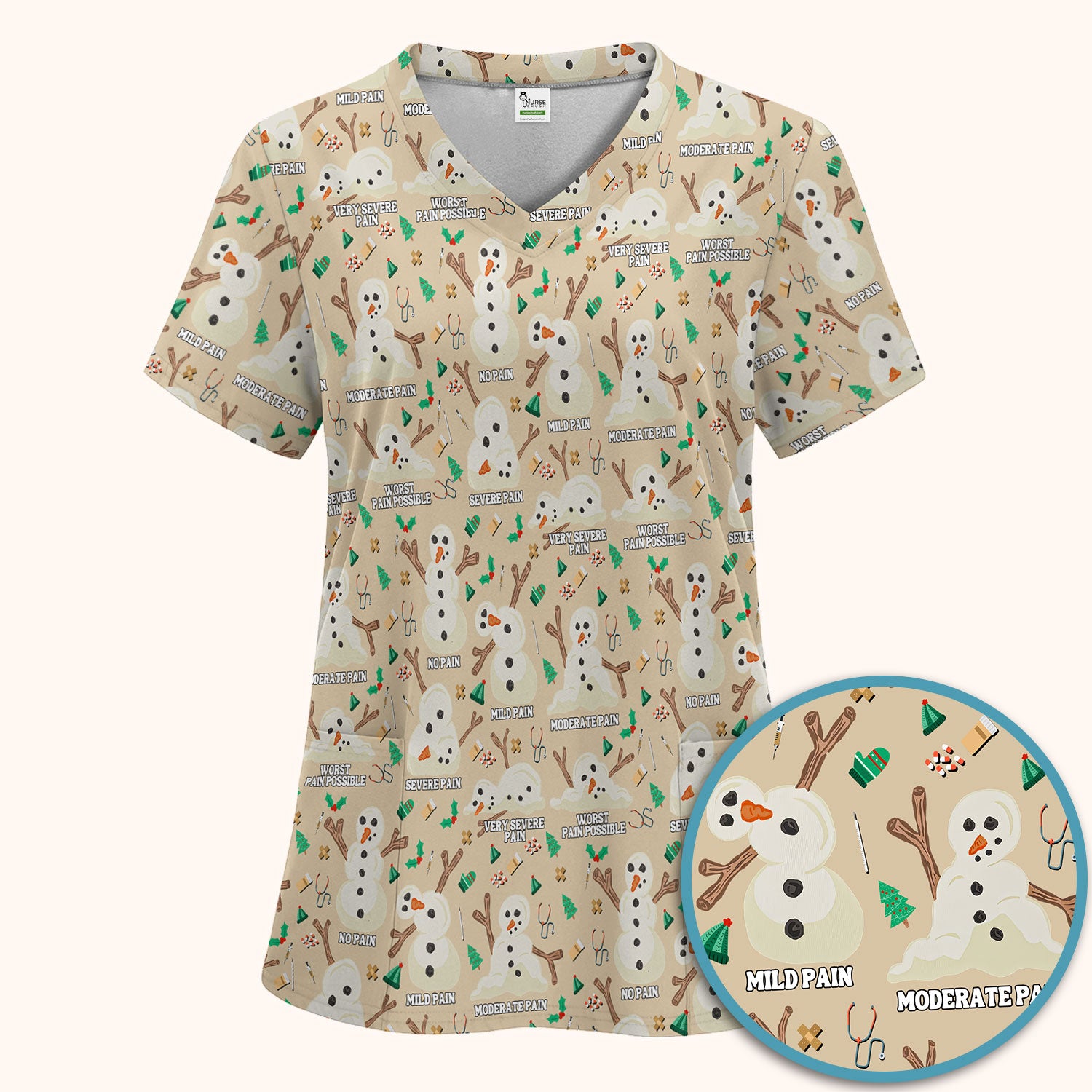 Christmas Snowman Nurse Scrub Set for Women - Funny Pain Scale Scrubs Pants - Cute Holiday Nursing Uniform Gift for RN LPN CNA
