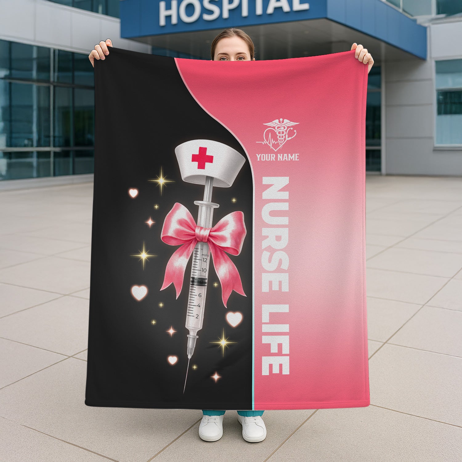 Personalized Nurse Life Blanket - Pink Syringe Bow & Nurse Hat Design - Cute RN LPN CNA Gift for Women