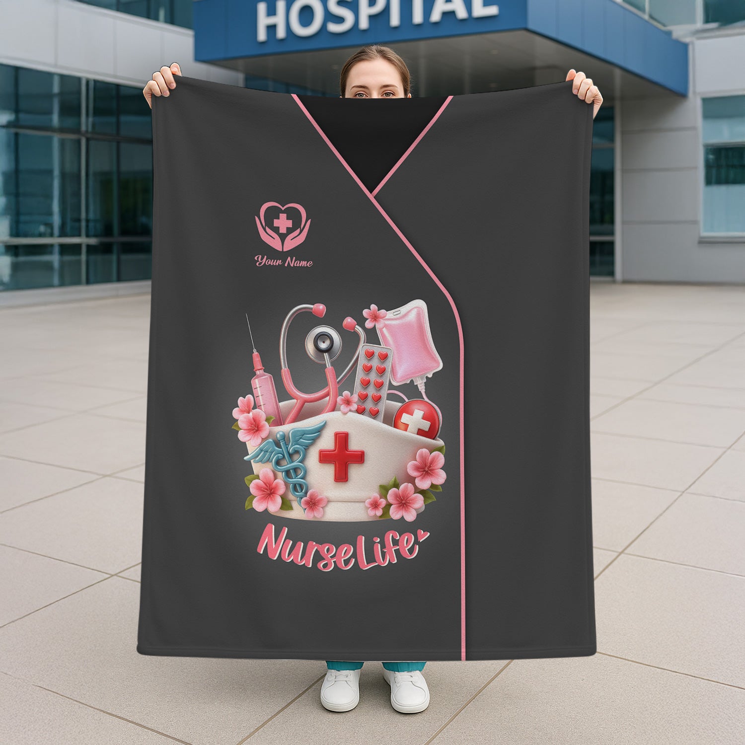 Custom Name Nurse Blanket - 3D Pink Stethoscope & Syringe Graphic - Gift for Female Nursing Students and Workers