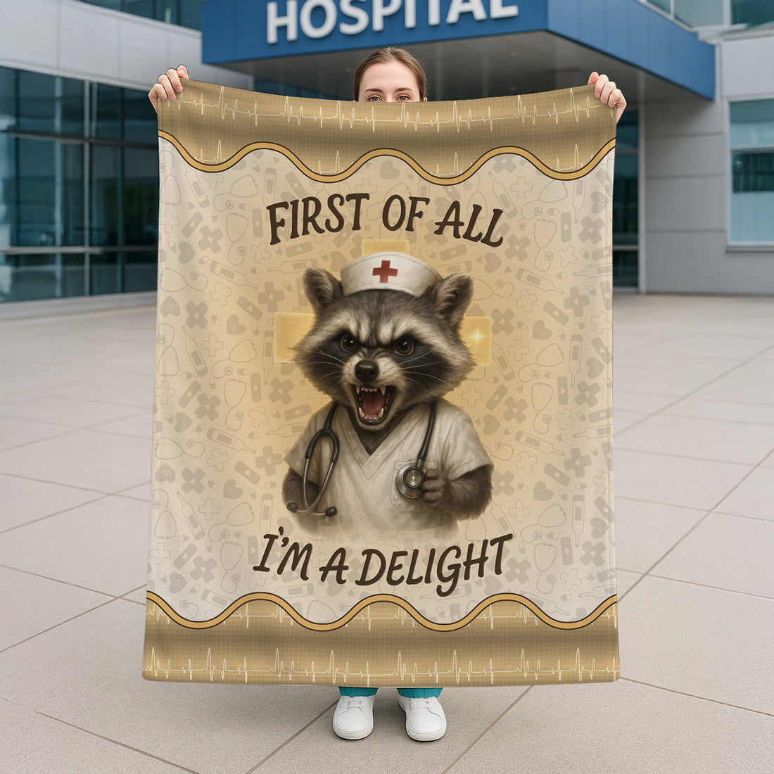 Personalized Funny Nurse Blanket - Gift for Women RN CNA LPN - Angry Raccoon Design 'First Of All I‰Ûªm A Delight' - Cozy Throw for Medical Staff
