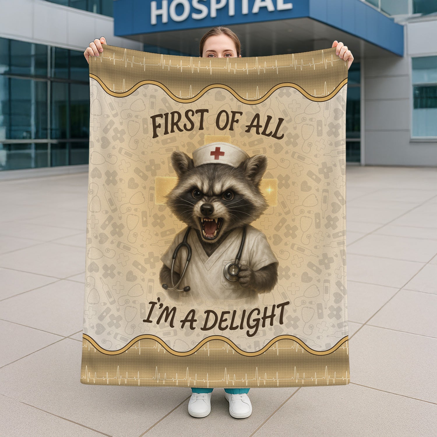 Personalized Funny Nurse Blanket - Gift for Women RN CNA LPN - Angry Raccoon Design 'First Of All I‰Ûªm A Delight' - Cozy Throw for Medical Staff