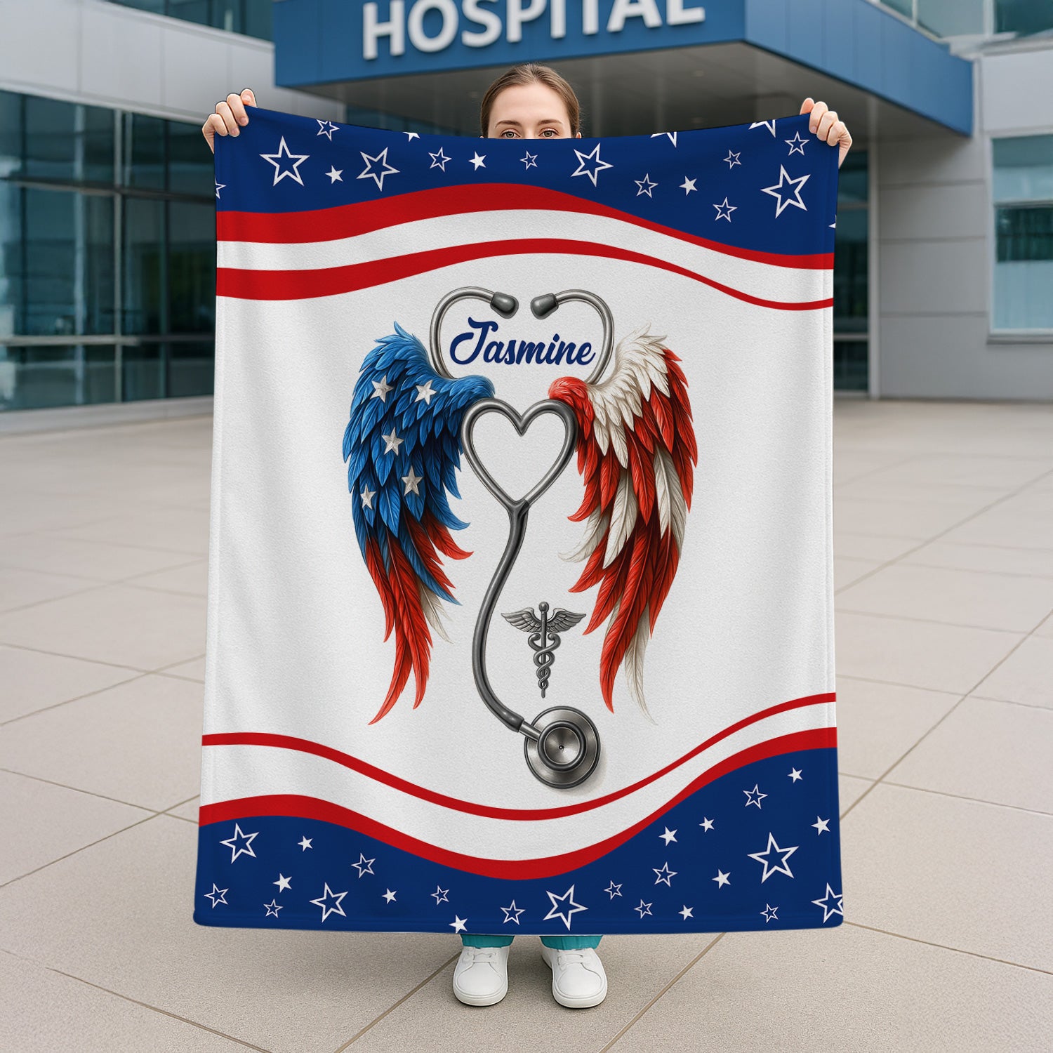 Nurse Angel Wings Blanket - Personalized Name & USA Flag Feathers - Soft Gift for RN LPN CNA Appreciation