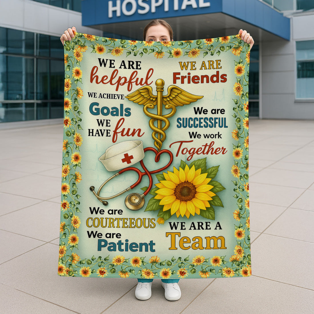Nurse Sunflower Blanket - We Are a Team Quote Throw - Motivational Gift for RN CNA LPN Women