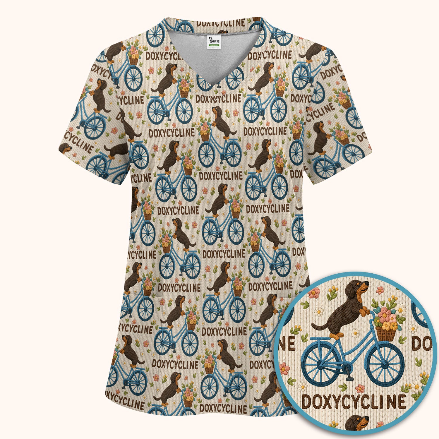 Doxycycline Pharmacy Pun Scrub Set - Dachshund on Bicycle Pharmacists Scrubs Pants and V Neck Top - Veterinary Technicians Gift