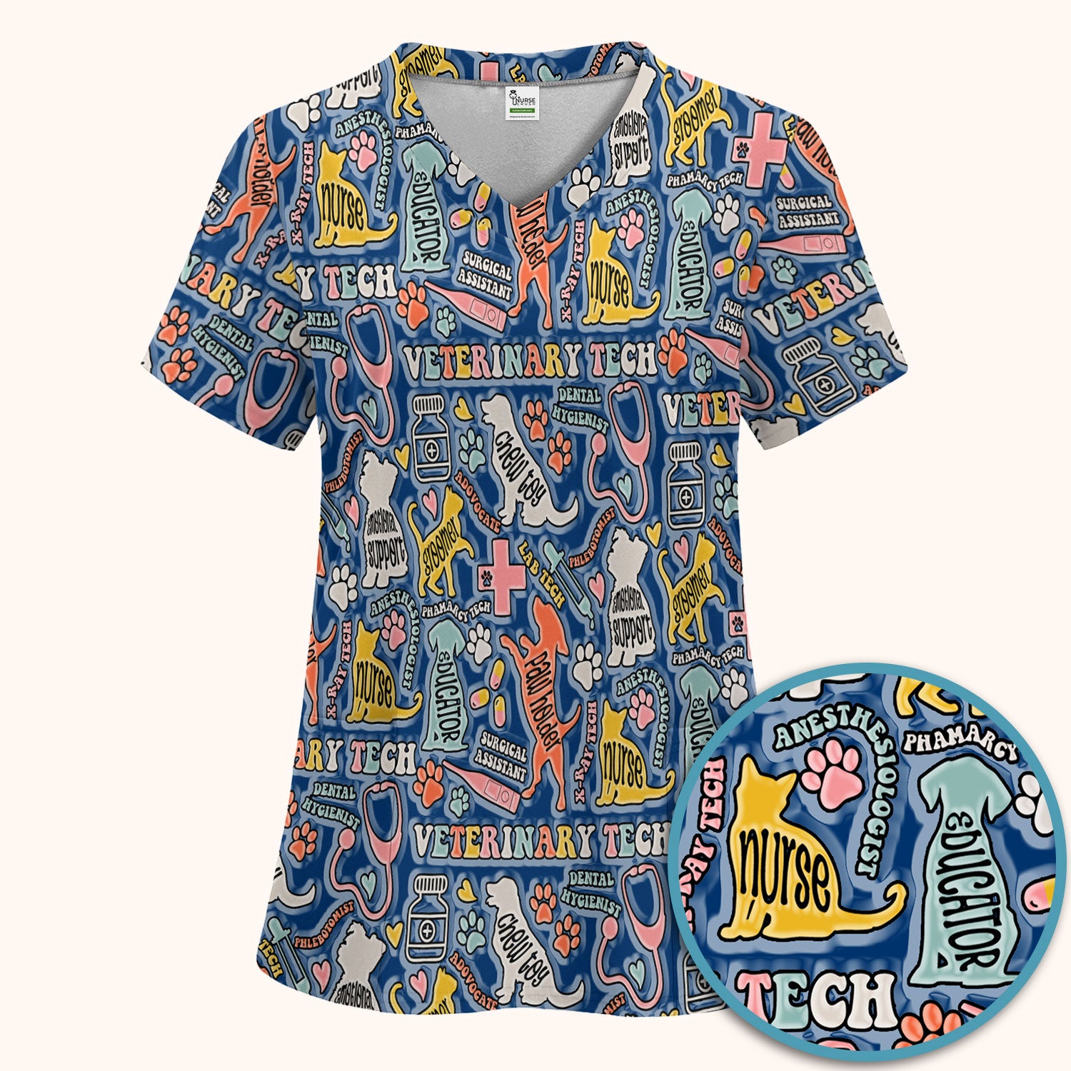 Veterinary Tech Nurse Scrub Set - Dog Cat Pet Scrubs Pants and V Neck Top - Funny Vet Tech Animal Scrubs for Women LPN RN CNA