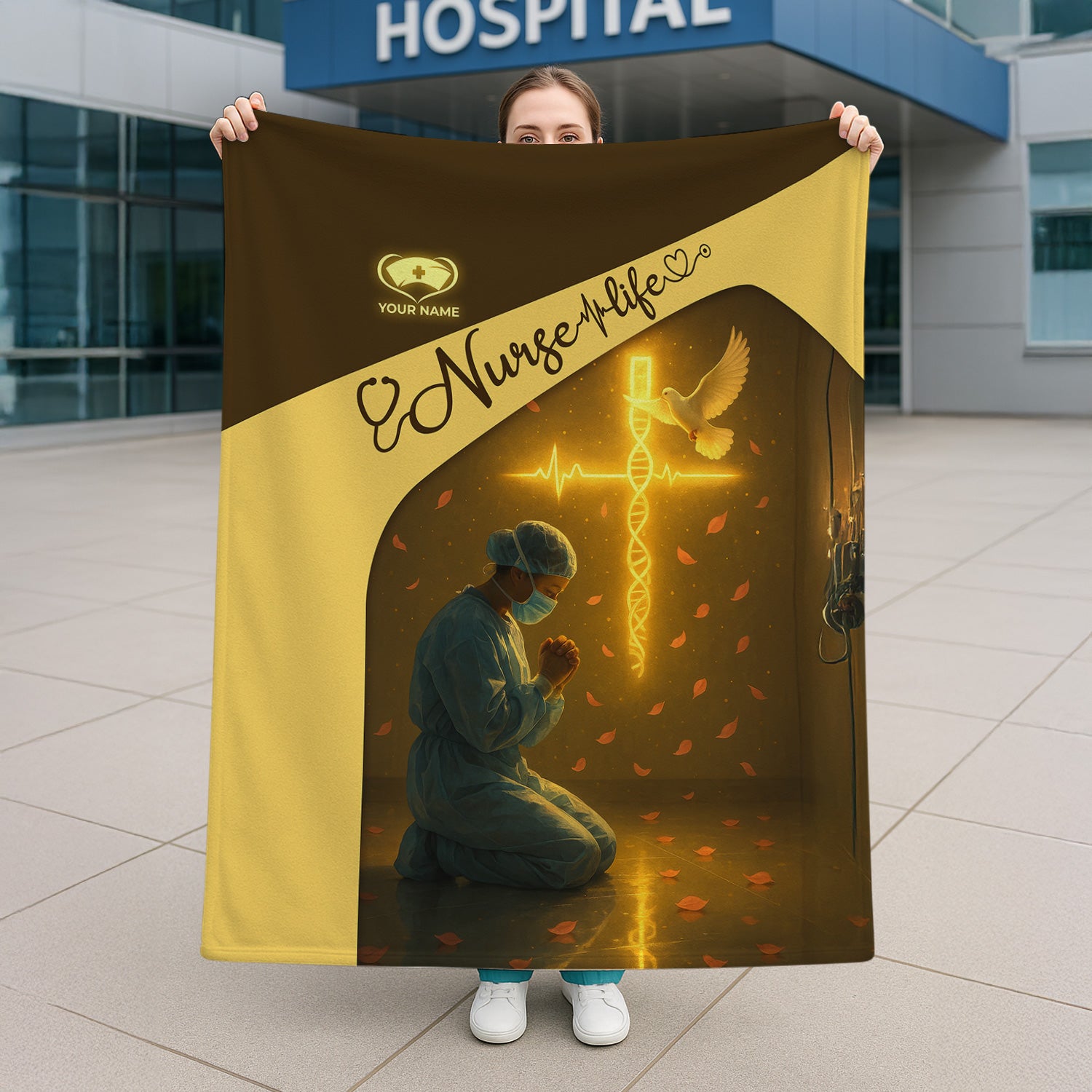 Personalized Christian Nurse Blanket - Praying Nurse Design with DNA Cross and Dove - Faith-Based Comfort Gift for Women RN LPN CNA in Healthcare