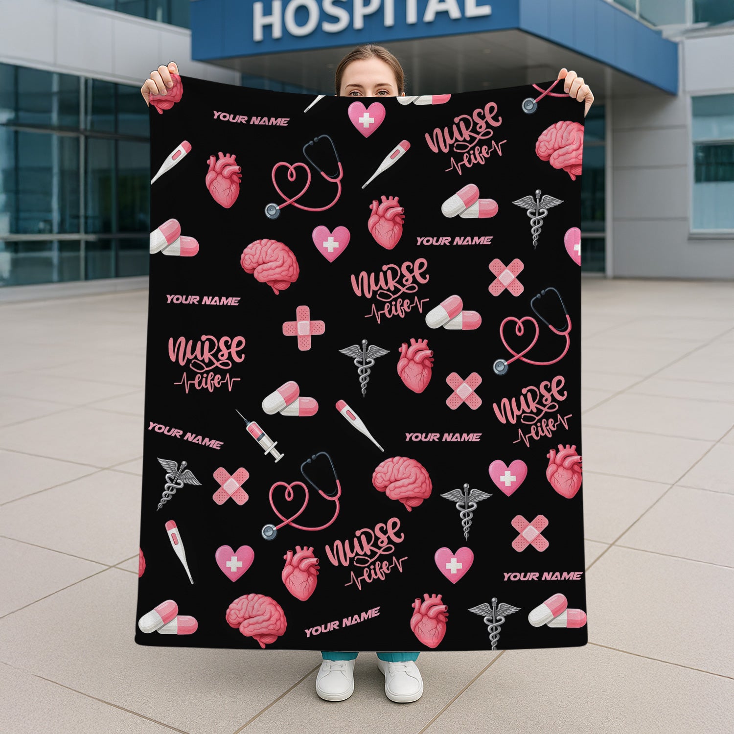 Funny Nurse Blanket with Name - Cute Pink Heart Brain Pill Icons - Personalized Gift for Women RN CNA LPN in Healthcare and Nursing Life