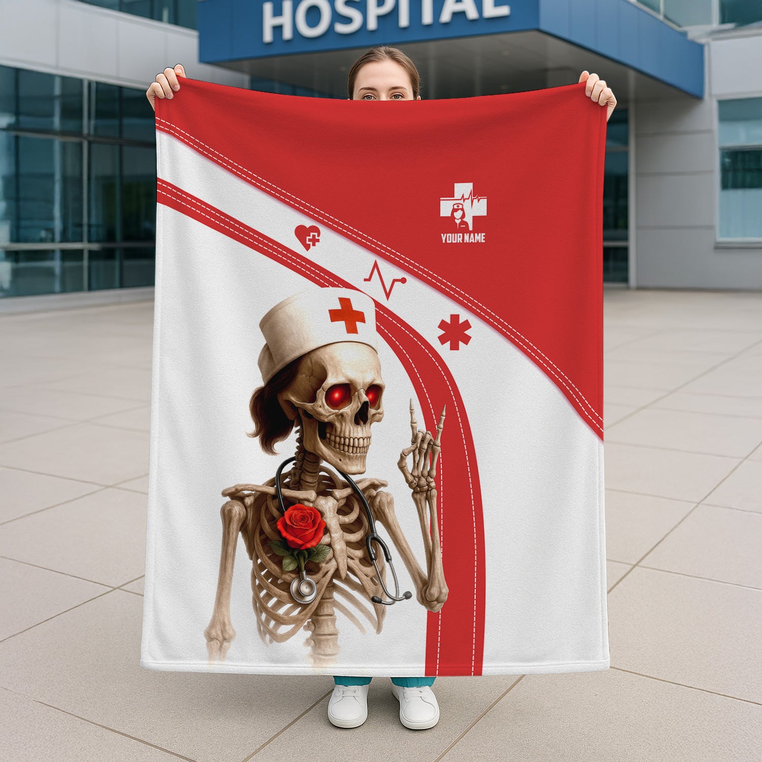 Personalized Nurse Life Blanket with Skeleton Quote - Red White Throw for RN CNA LPN - Funny Dark Humor Gift for Healthcare Workers
