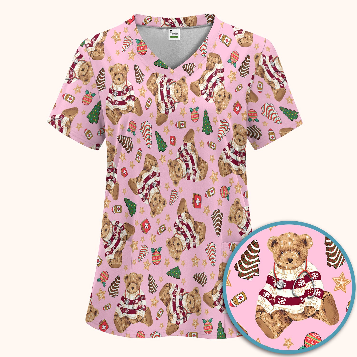 Christmas Teddy Bear Scrub Set for Nurses - Cozy Holiday Pattern with Cute Bear and Medical Icons Scrubs Pants and V Neck Top