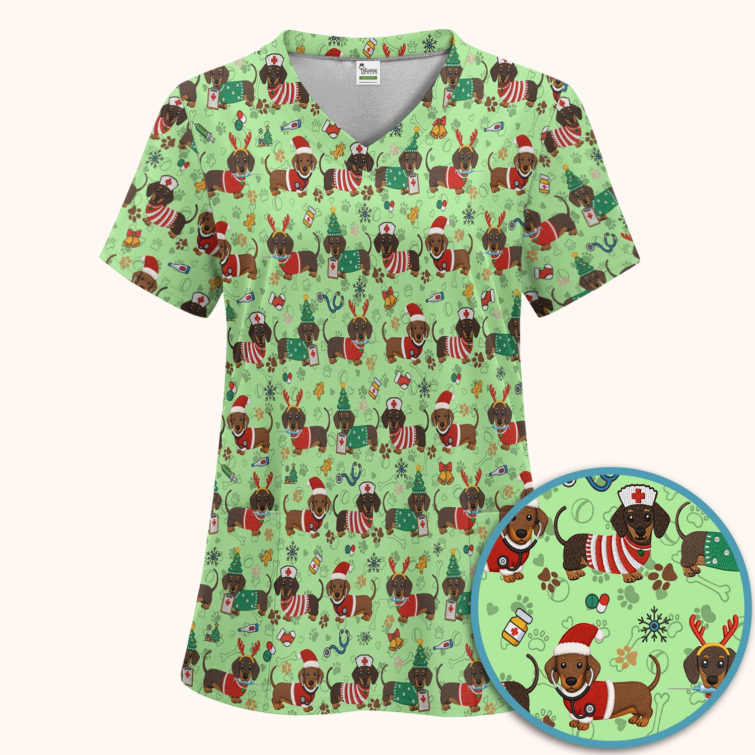 Christmas Wiener Dog Scrub Sets for Nurses - Cute Dachshund Scrubs Pants and V Neck Top - Fun Holiday Gift for Women RN CNA LPN