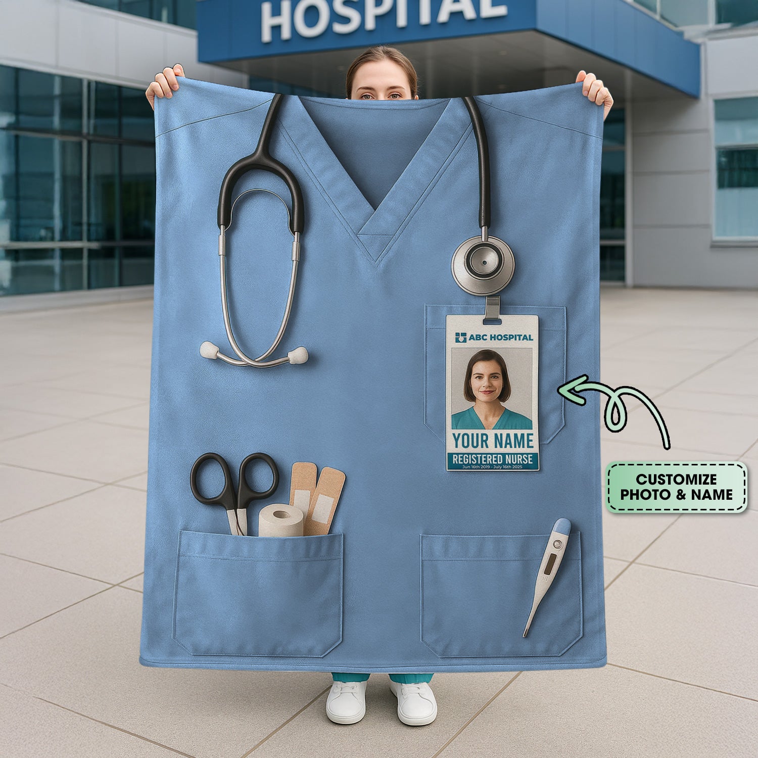 Personalized Nurse Blanket - Stethoscope & ID Badge Design - Custom Text & Photo Options for RN CNA LPN Healthcare Workers