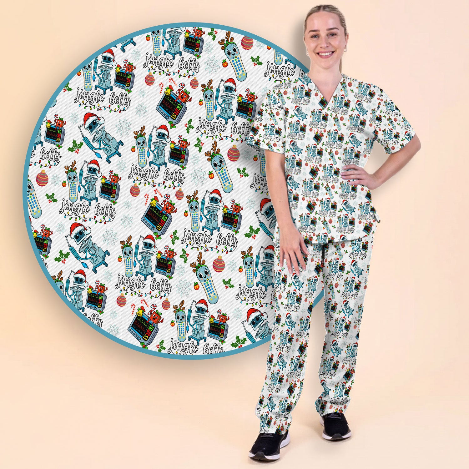 Christmas Women's Scrub Sets - Funny Jingle Bells Holiday Med Uniform - Merry Xmas Scrub Pants and V Neck Top