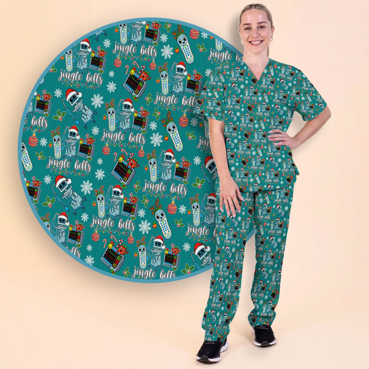 Christmas Women's Scrub Sets - Funny Jingle Bells Holiday Med Uniform - Merry Xmas Scrub Pants and V Neck Top