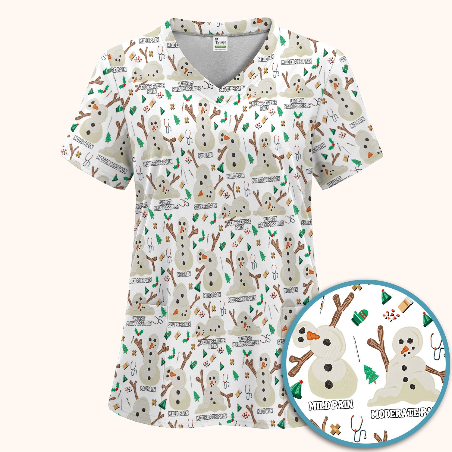 Christmas Snowman Nurse Scrub Set for Women - Funny Pain Scale Scrubs Pants - Cute Holiday Nursing Uniform Gift for RN LPN CNA