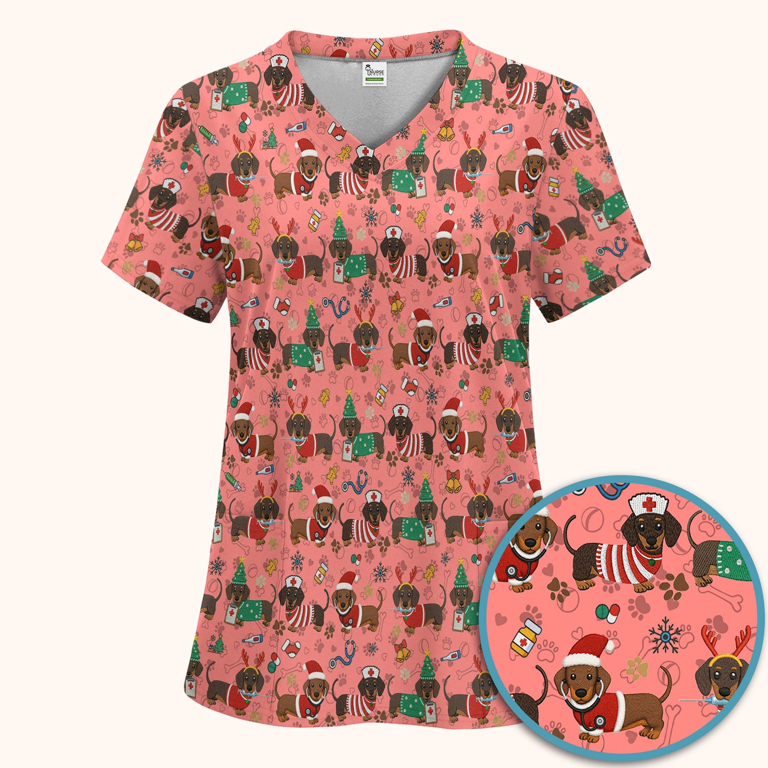 Christmas Wiener Dog Scrub Sets for Nurses - Cute Dachshund Scrubs Pants and V Neck Top - Fun Holiday Gift for Women RN CNA LPN