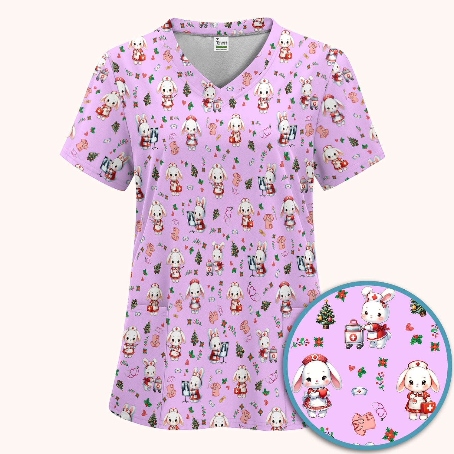Comfortable Scrubs Sets for Nurses - Funny Bunny Scrub Pants and V Neck Top - Rabbit Christmas Med Uniform for Women
