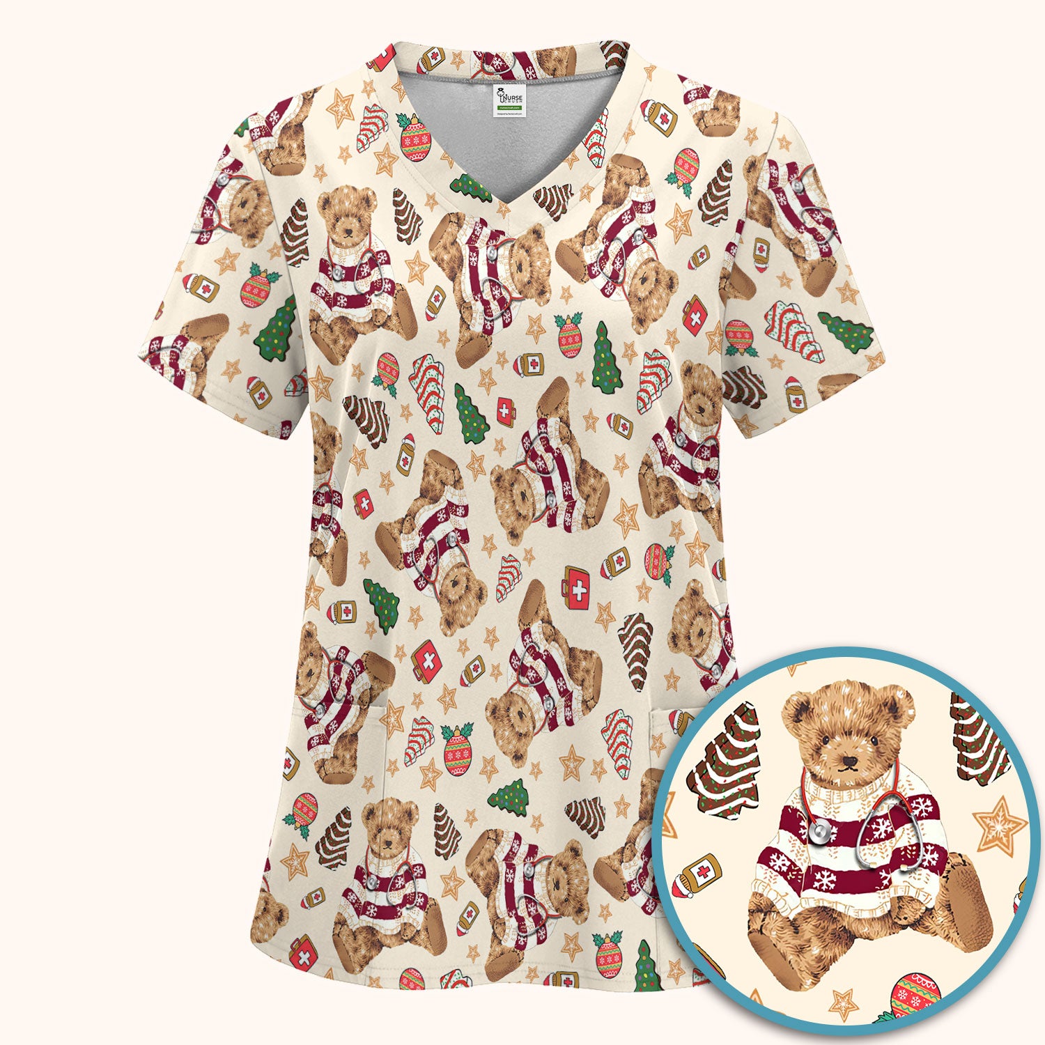 Christmas Teddy Bear Scrub Set for Nurses - Cozy Holiday Pattern with Cute Bear and Medical Icons Scrubs Pants and V Neck Top