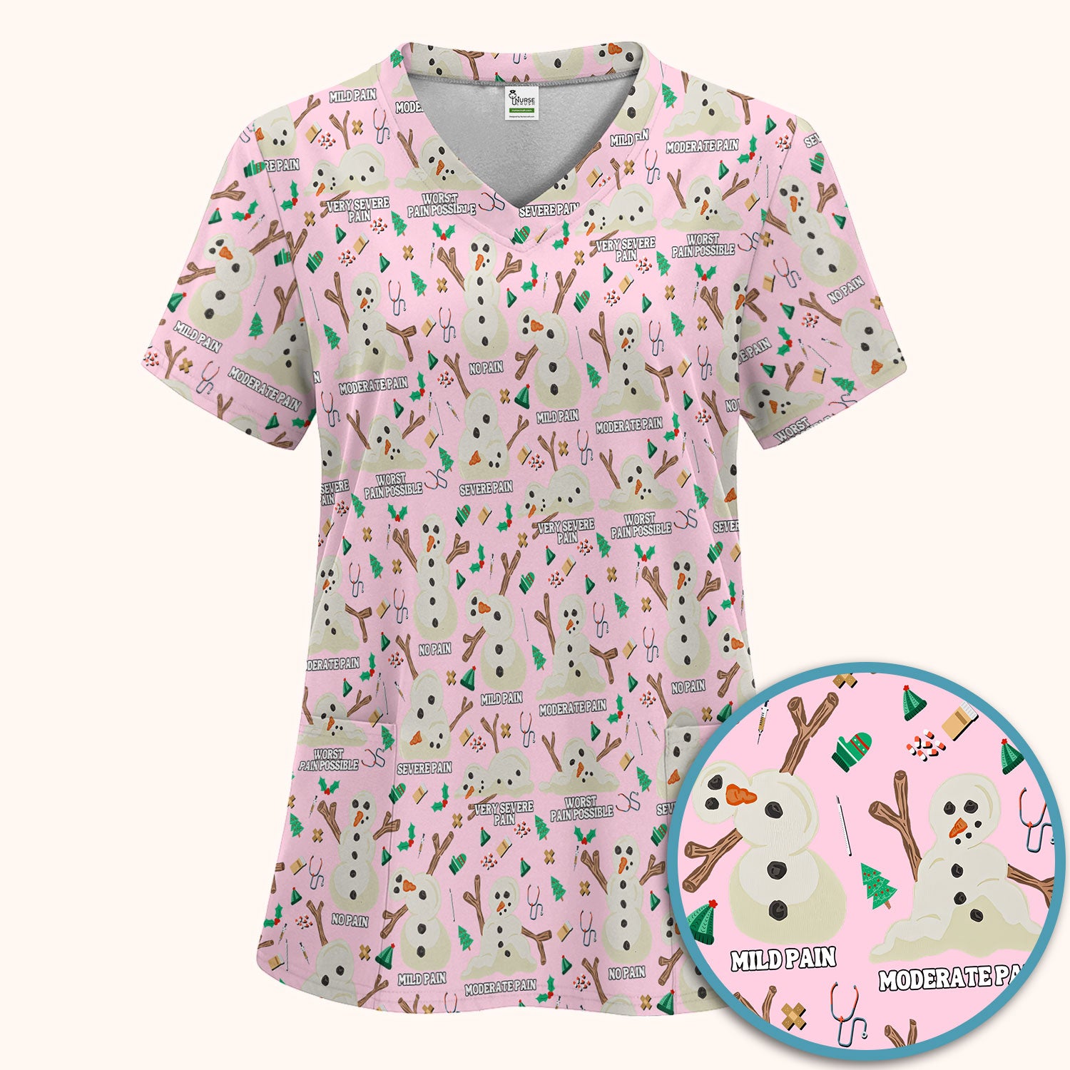Christmas Snowman Nurse Scrub Set for Women - Funny Pain Scale Scrubs Pants - Cute Holiday Nursing Uniform Gift for RN LPN CNA