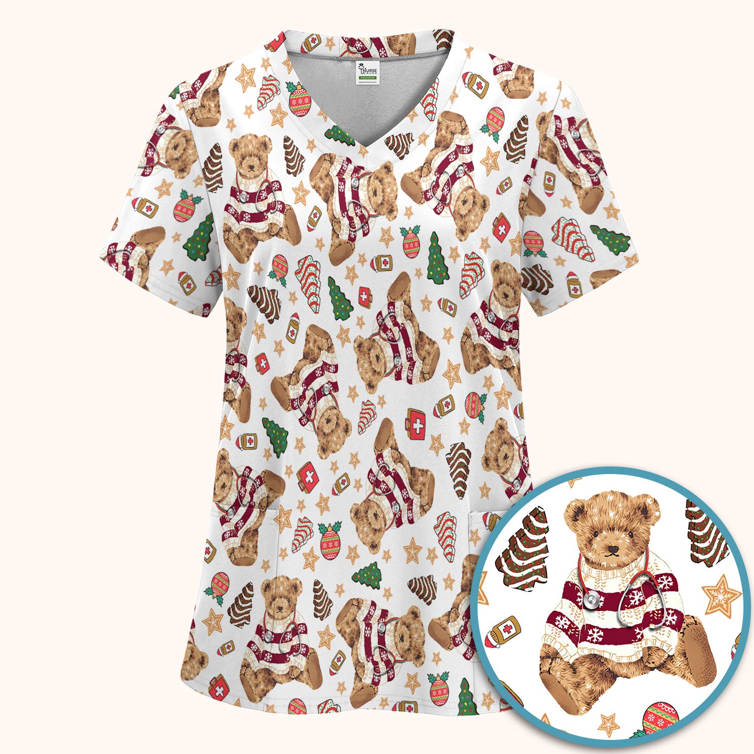 Christmas Teddy Bear Scrub Set for Nurses - Cozy Holiday Pattern with Cute Bear and Medical Icons Scrubs Pants and V Neck Top