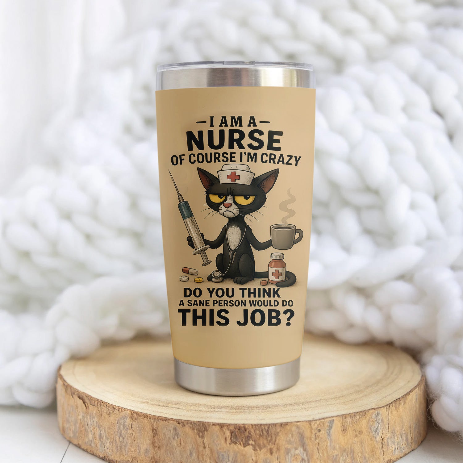 Custom Funny Nurse Tumbler - Angry Cat Design with Syringe Coffee & Pills - Hilarious Gift for Women RN CNA LPN