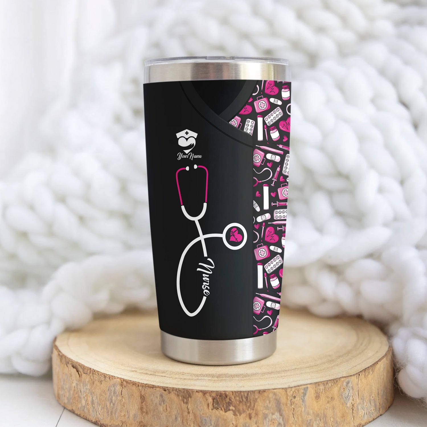 Funny Nurse Tumbler - Stethoscope & Medical Icons Design - Customizable Text Gift for Healthcare Workers, Nurses, LPN, CNA