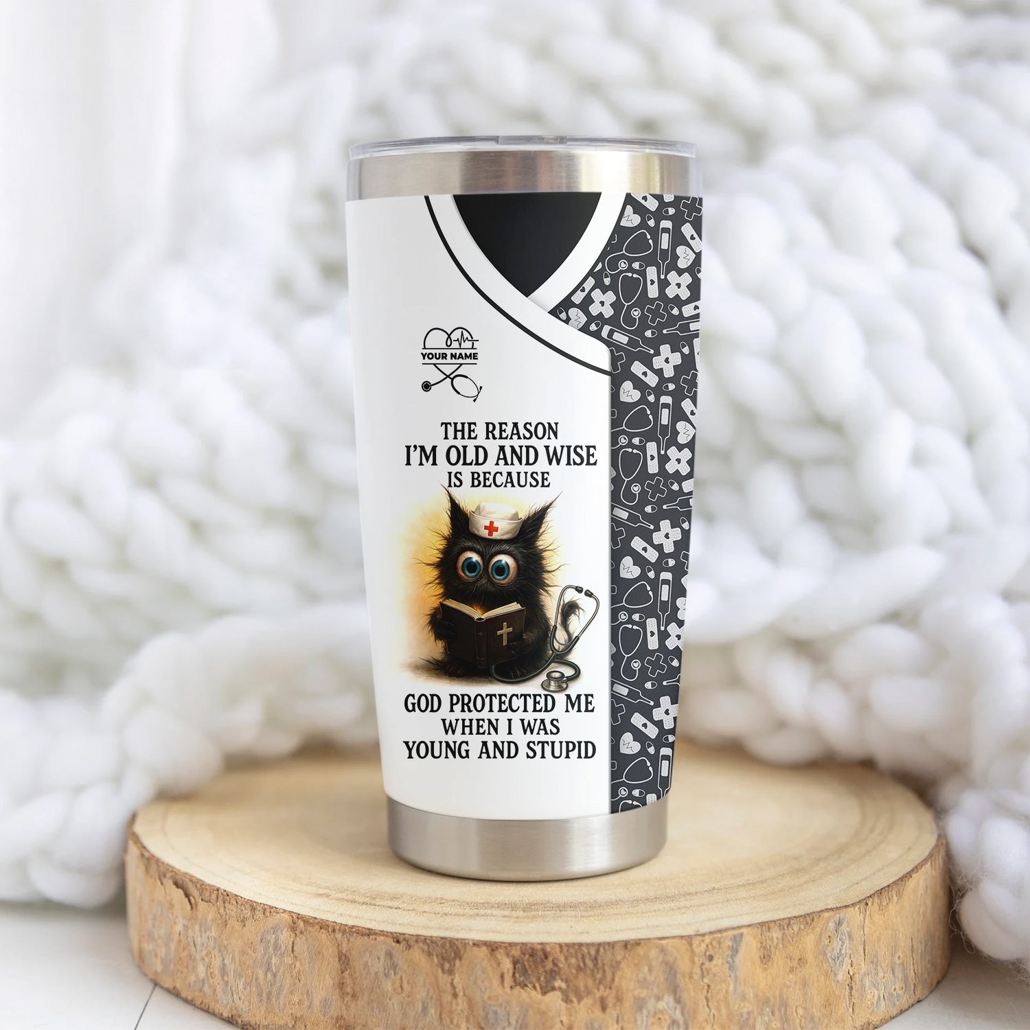 Personalized Nursing Tumbler for Women - Adorable Cat Cartoon with Bible Nurse Design - Funny Medical Gift for RN LPN CNA Staff