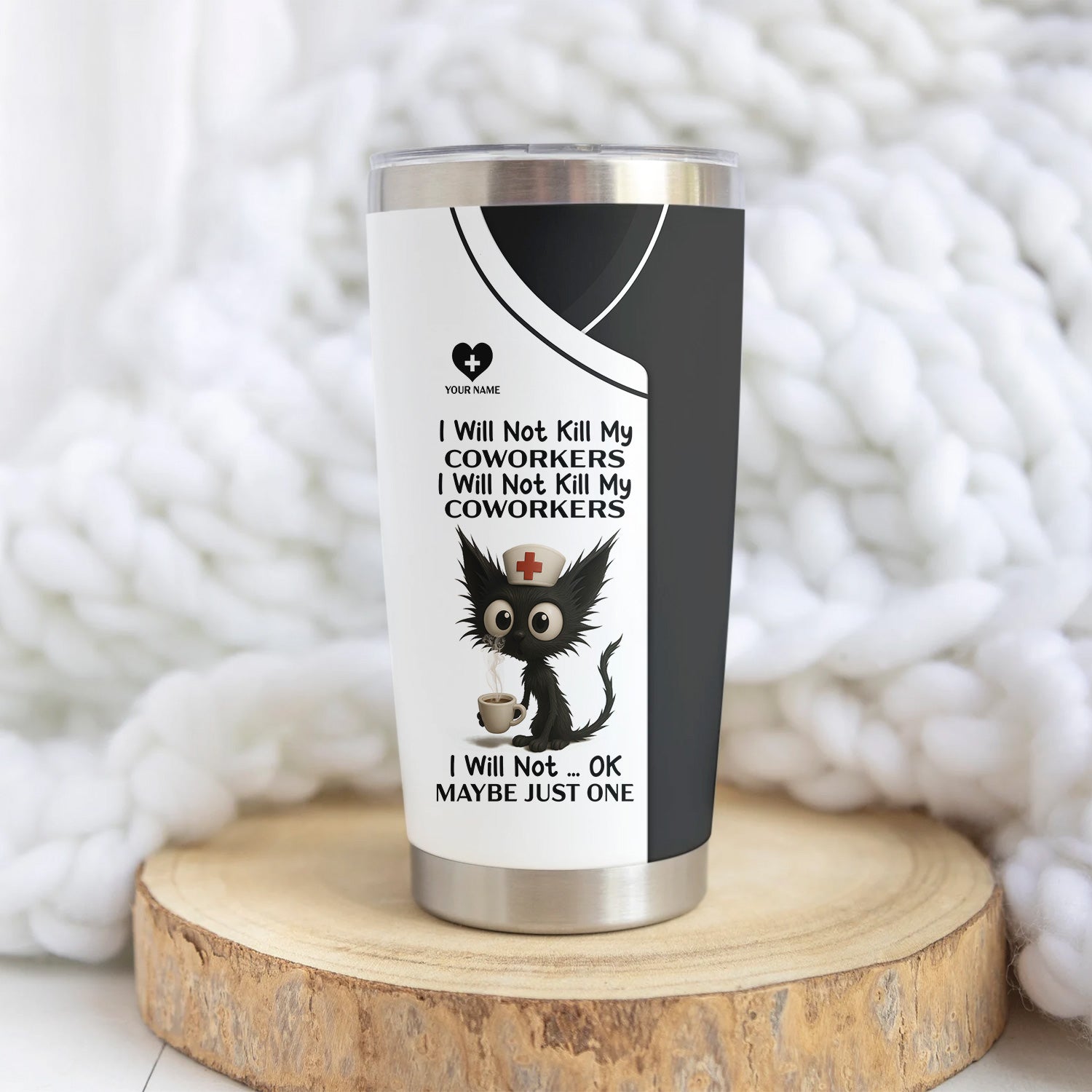 Custom Name Nurse Tumbler - Sarcastic Cat and Coffee Design for RN LPN CNA - Funny Medical Coworker Gift