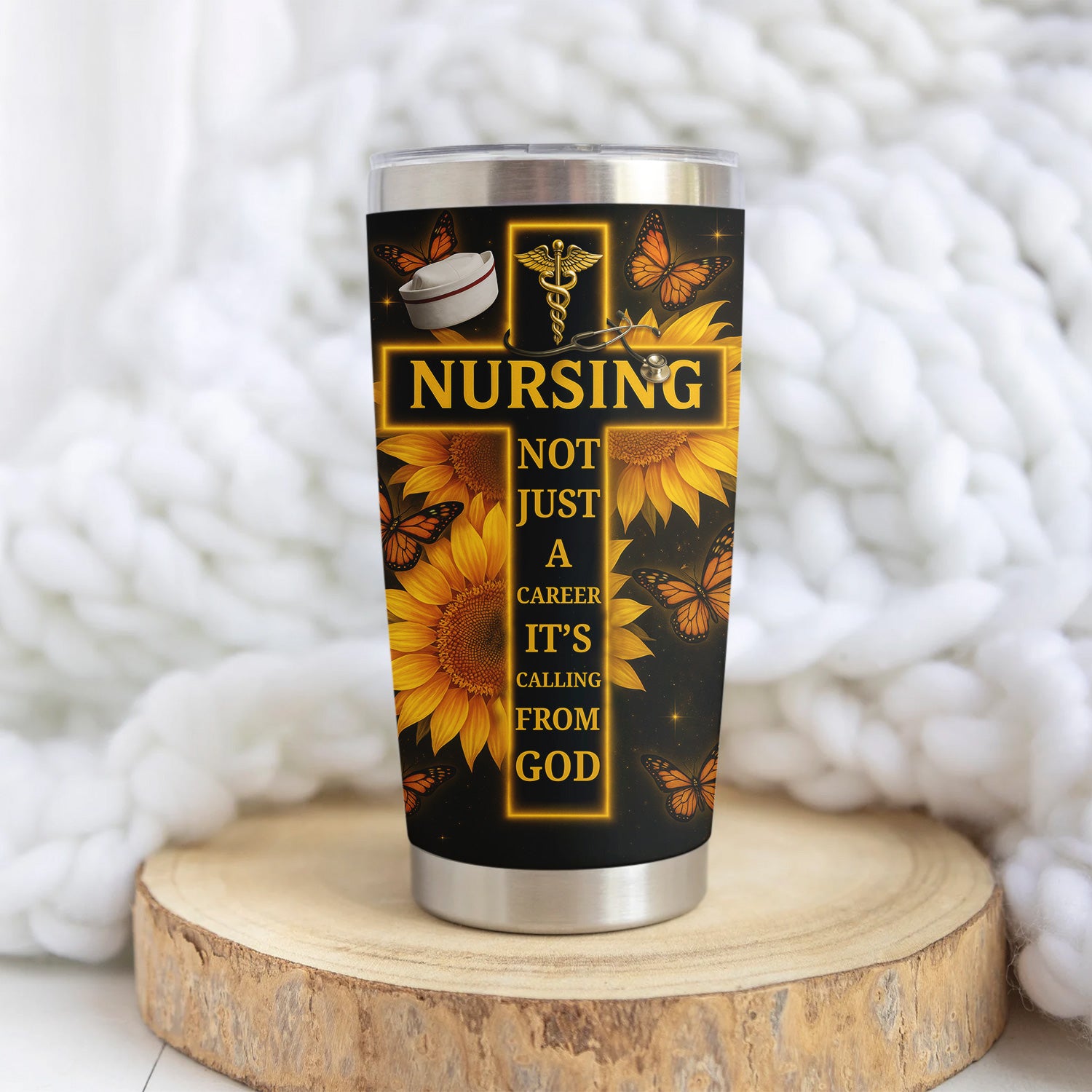 Custom Christian Nurse Tumbler - Faith-Based Gift with Stethoscope & Sunflower Cross - Great Gift for Christian RN CNA LPN Women