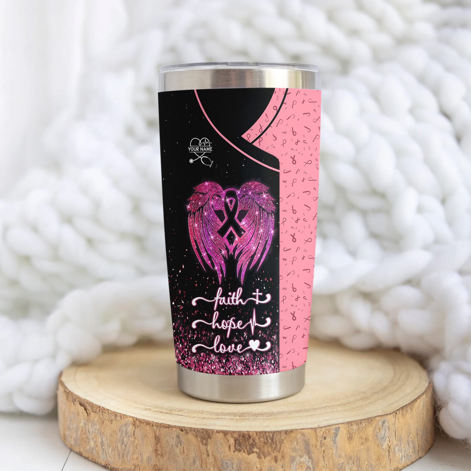 Custom Breast Cancer Awareness Tumbler - Faith Hope Love & Angel Wings - Gift for RN LPN CNA Women