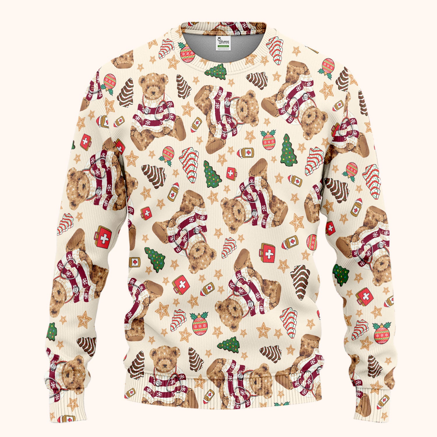 Christmas Teddy Bear Scrub Set for Nurses - Cozy Holiday Pattern with Cute Bear and Medical Icons Scrubs Pants and V Neck Top