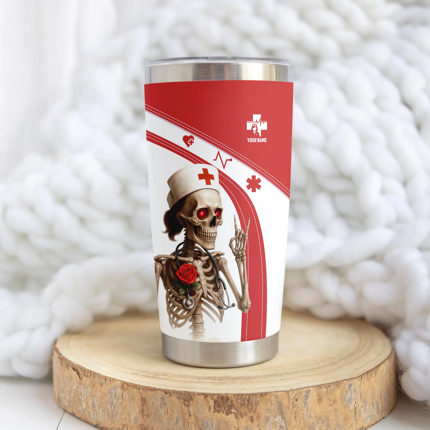 Red and White Skeleton Nurse Life Tumbler - Funny Custom Name Gift for RN LPN CNA - Dark Humor Stainless Cup for Healthcare Workers