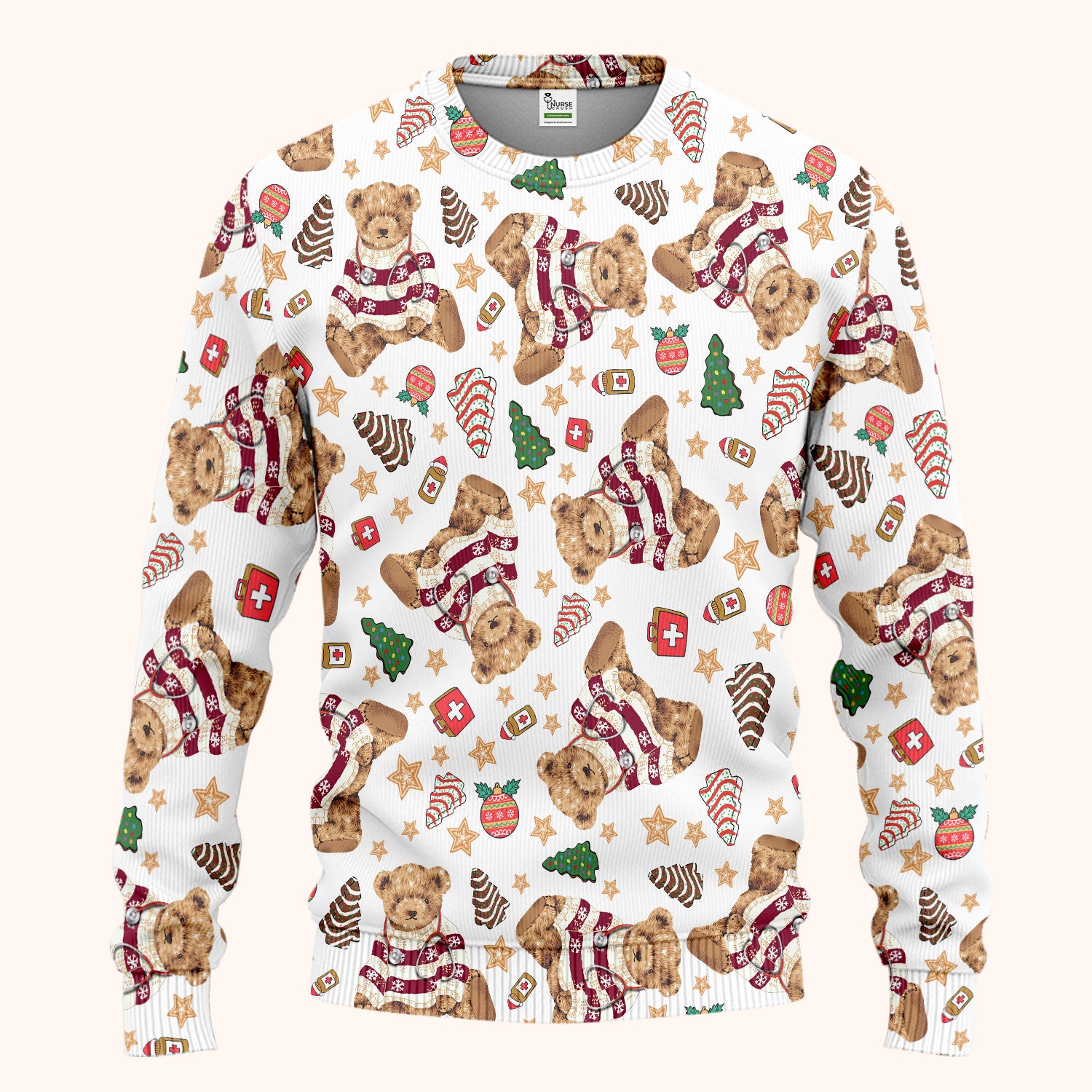 Christmas Teddy Bear Scrub Set for Nurses - Cozy Holiday Pattern with Cute Bear and Medical Icons Scrubs Pants and V Neck Top