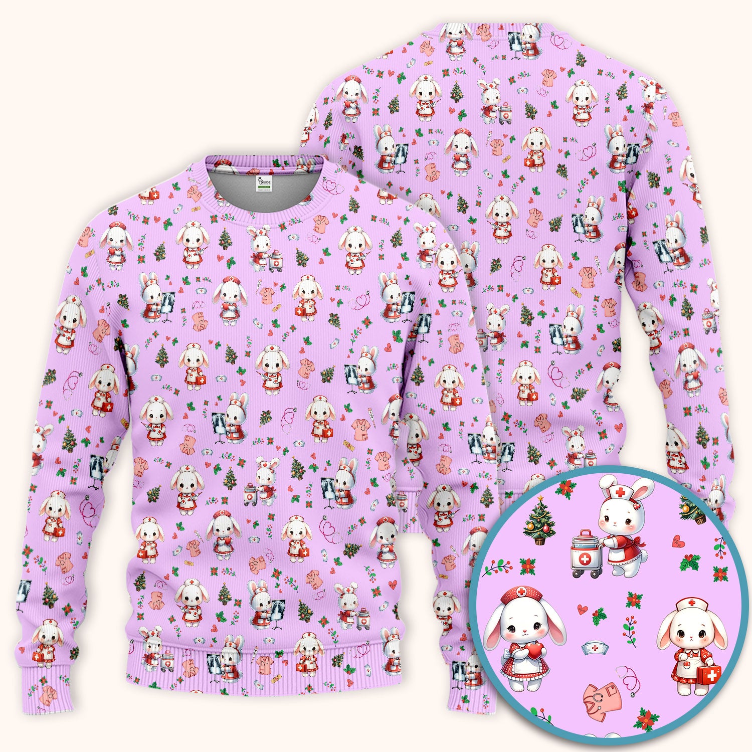 Comfortable Scrubs Sets for Nurses - Funny Bunny Scrub Pants and V Neck Top - Rabbit Christmas Med Uniform for Women