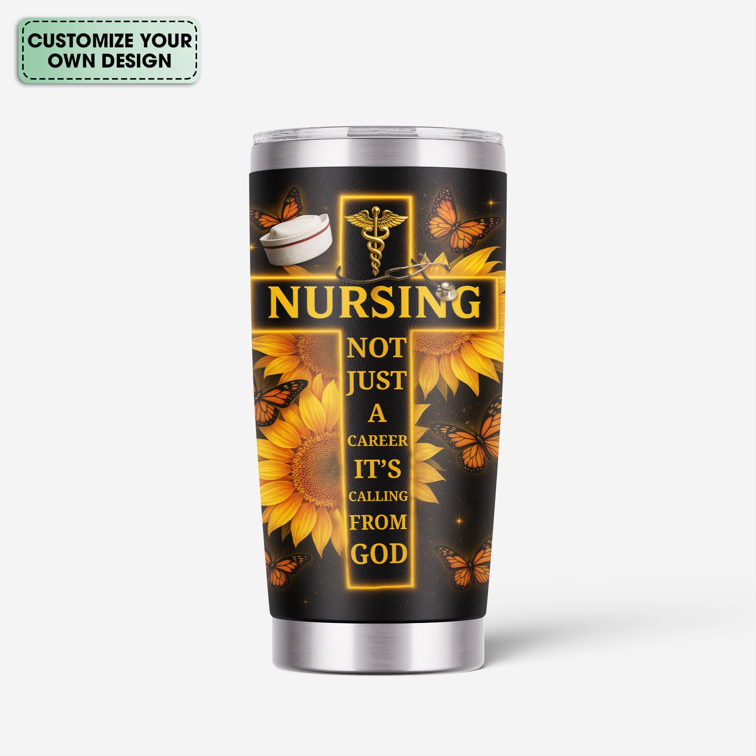 Custom Christian Nurse Tumbler - Faith-Based Gift with Stethoscope & Sunflower Cross - Great Gift for Christian RN CNA LPN Women