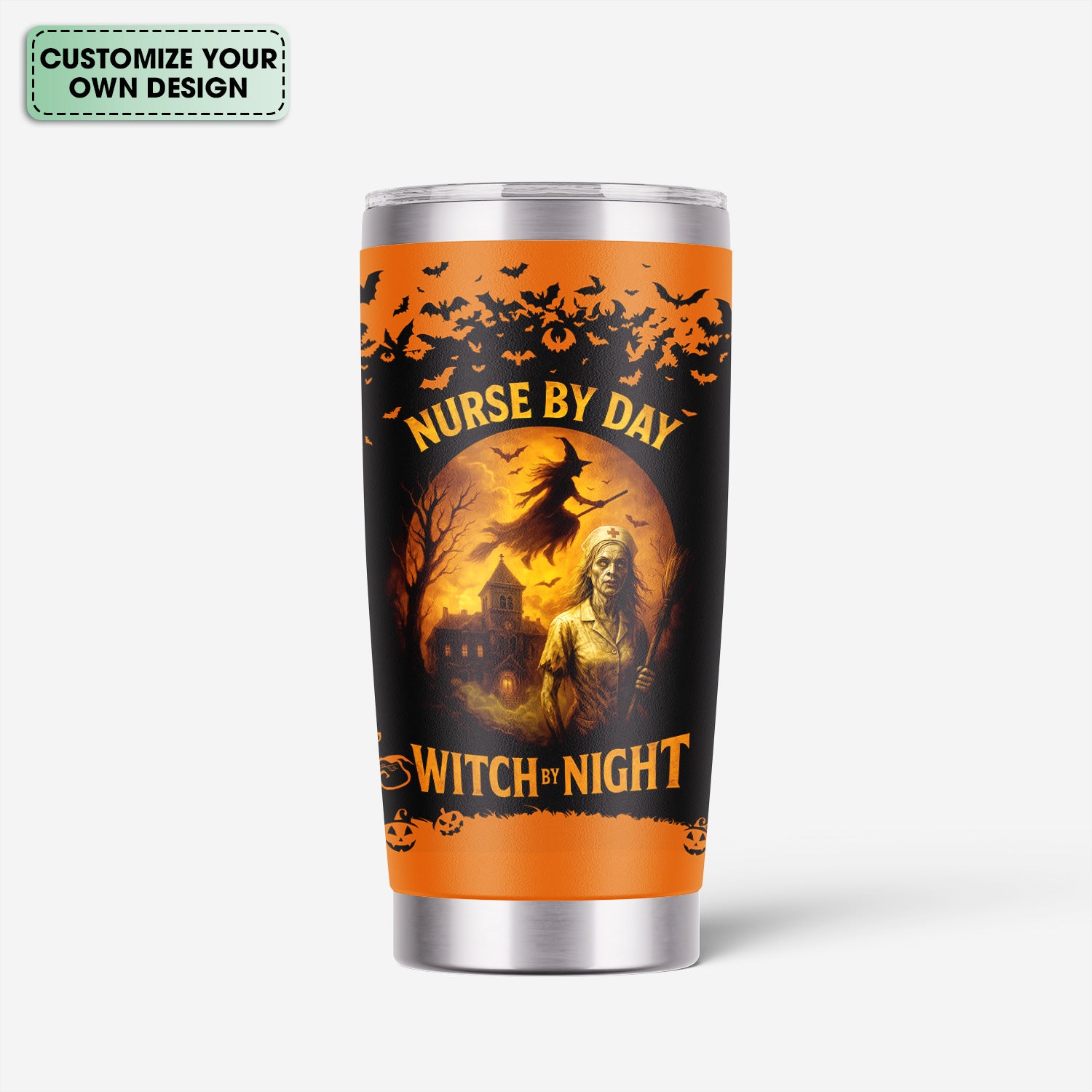 Halloween Nursing Travel Tumbler for CPN LPN RN - Scary Witch Nurse By Day Night Design - Gift for Healthcare Workers Medical Staff