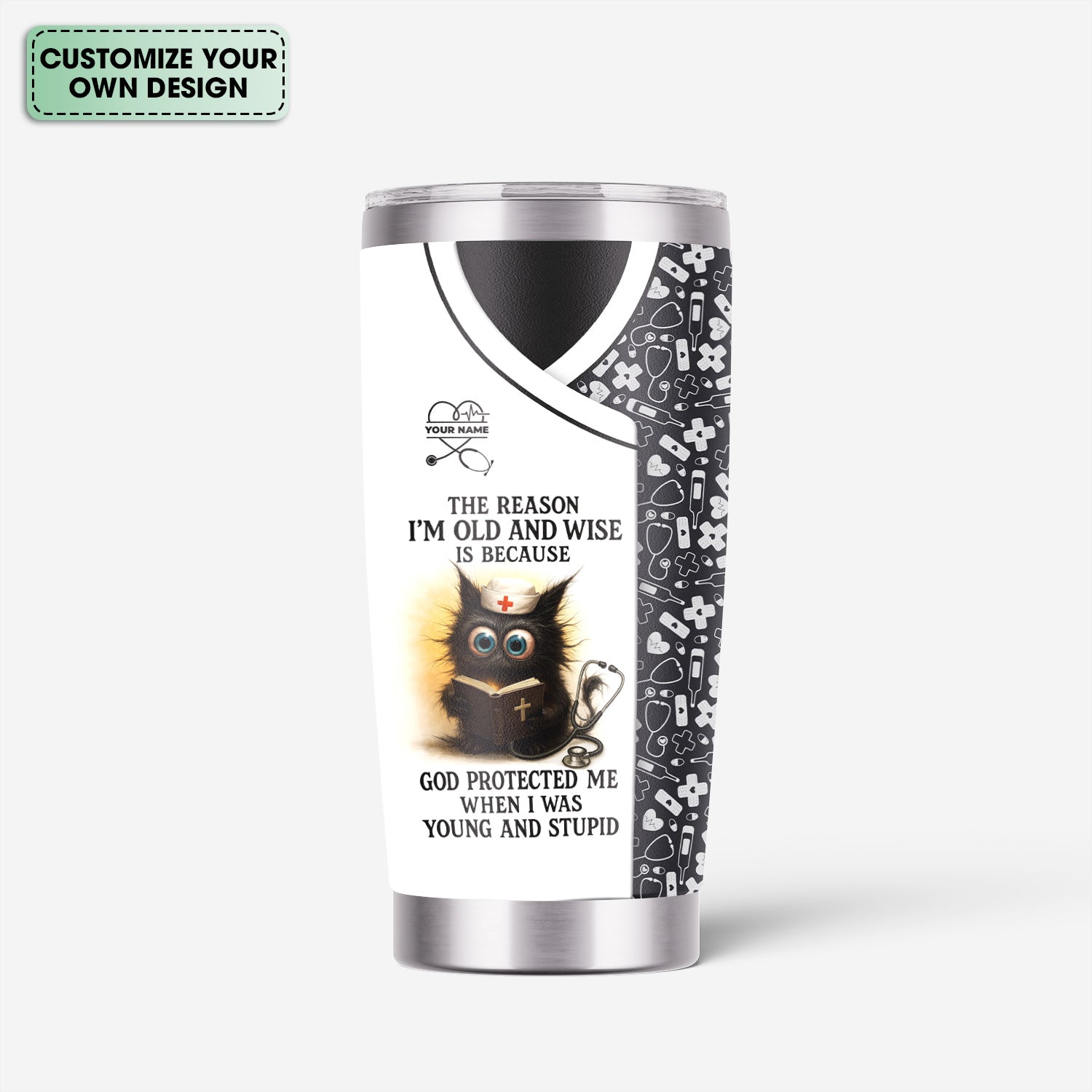 Personalized Nursing Tumbler for Women - Adorable Cat Cartoon with Bible Nurse Design - Funny Medical Gift for RN LPN CNA Staff