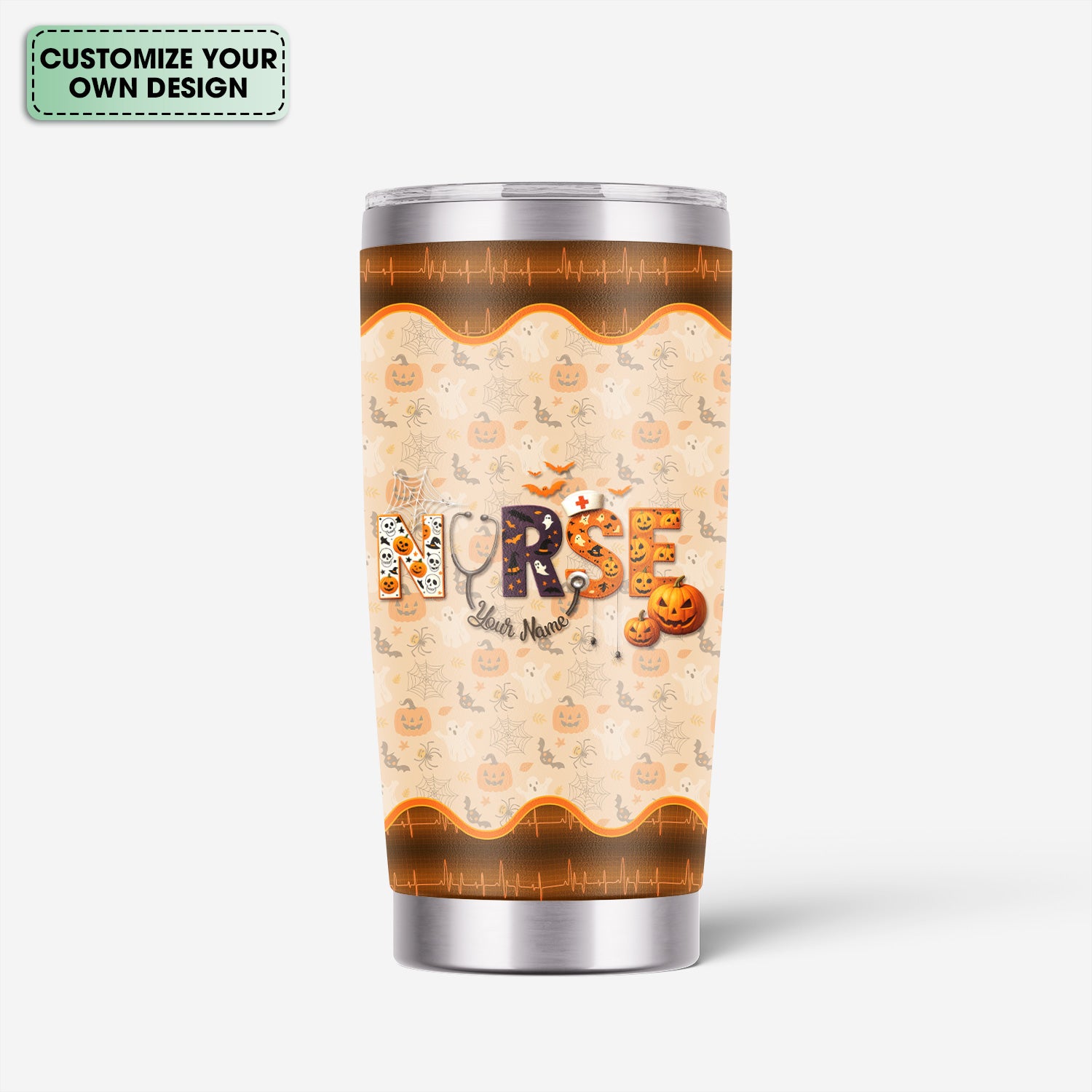 Personalized Nurse Halloween Tumbler - You Can't Scare Me Pumpkin Design - Custom Text Gift for RN CNA LPN Healthcare Workers