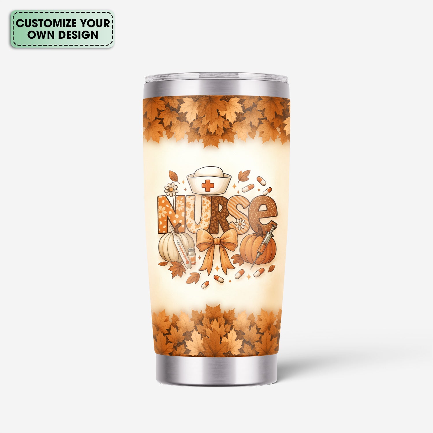 Personalized Fall Nurse Tumbler - Pumpkin Leaf Design with Name - Cute Thanksgiving Gift for RN CNA LPN Healthcare Workers