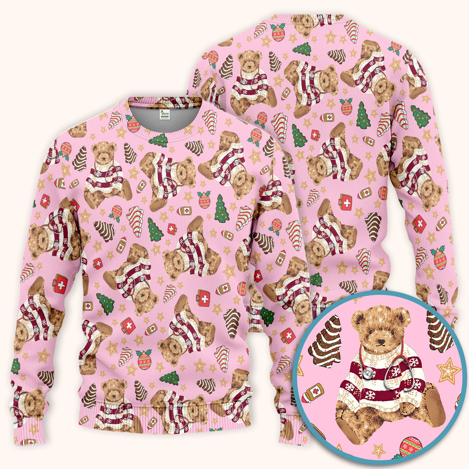 Christmas Teddy Bear Scrub Set for Nurses - Cozy Holiday Pattern with Cute Bear and Medical Icons Scrubs Pants and V Neck Top