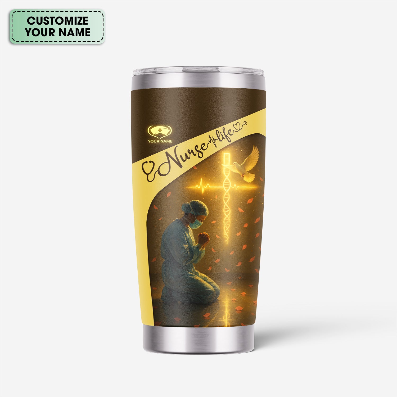 Christian Nurse Tumbler for RN LPN CNA - Personalized Prayer Design with Dove and Cross - Inspirational Gift for Women in Healthcare