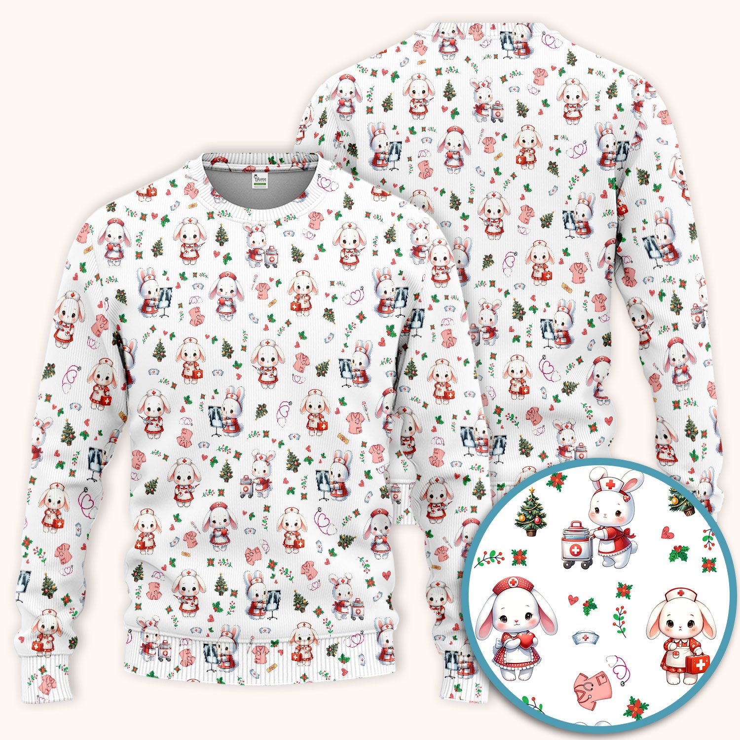 Comfortable Scrubs Sets for Nurses - Funny Bunny Scrub Pants and V Neck Top - Rabbit Christmas Med Uniform for Women