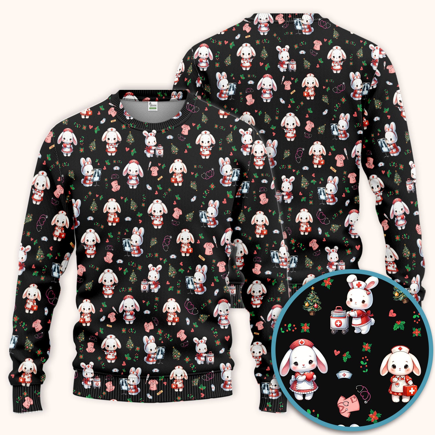 Comfortable Scrubs Sets for Nurses - Funny Bunny Scrub Pants and V Neck Top - Rabbit Christmas Med Uniform for Women